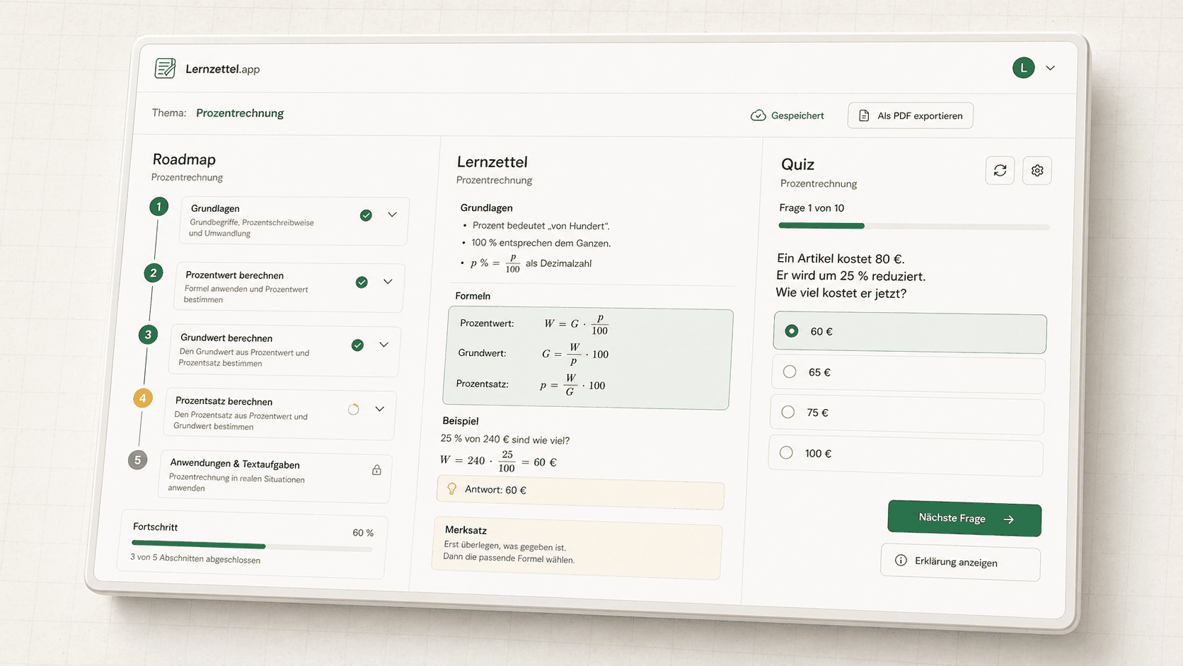 Breite Produktdemo von Lernzettel.app mit Roadmap, Lernzettel und Quiz für Prozentrechnung.